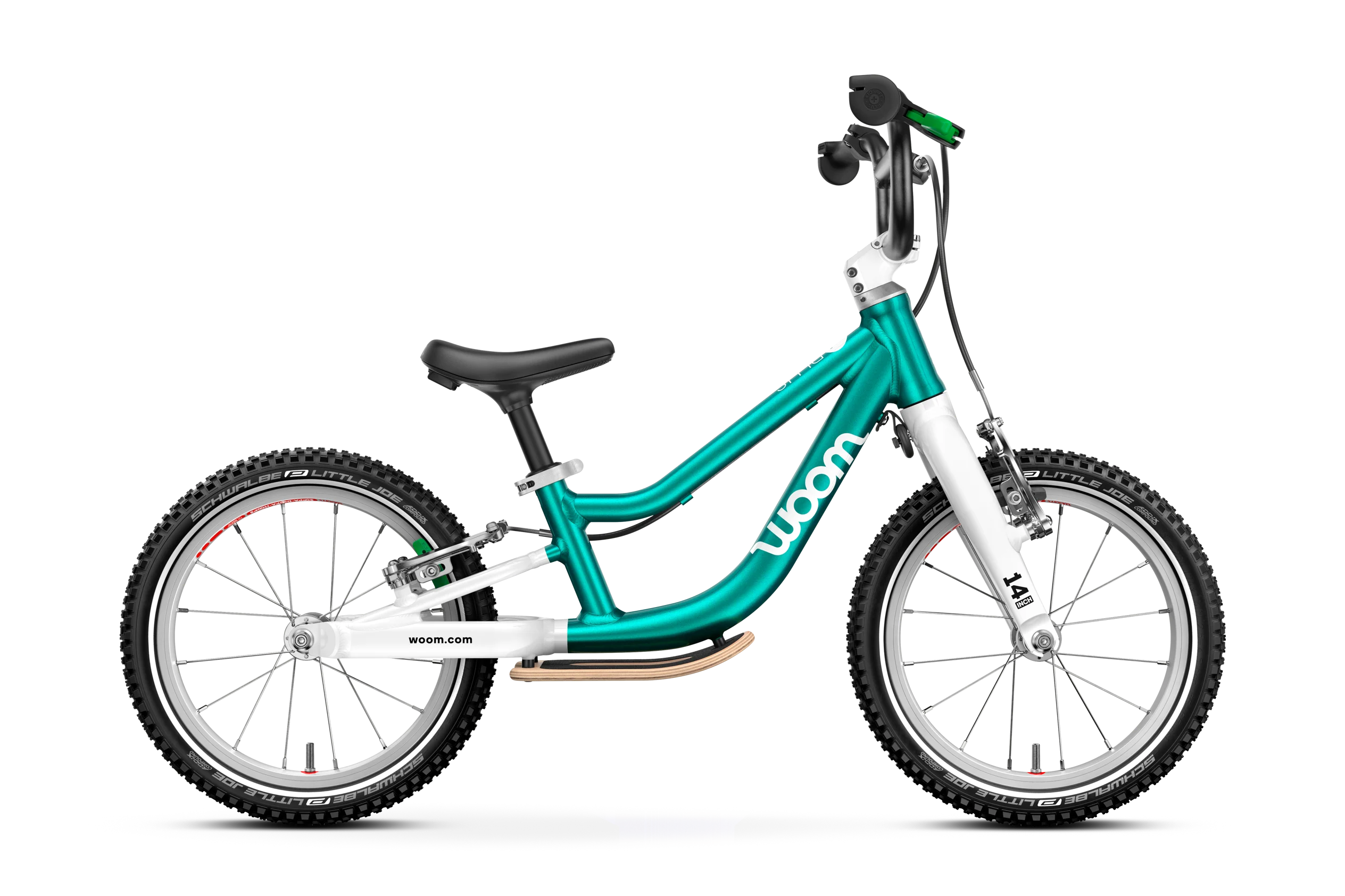 Learning to ride is fun and safe on this superlight balance bike with 14″ wheels and a safety-conscious design for kids aged 3 and up. Kickstand included.