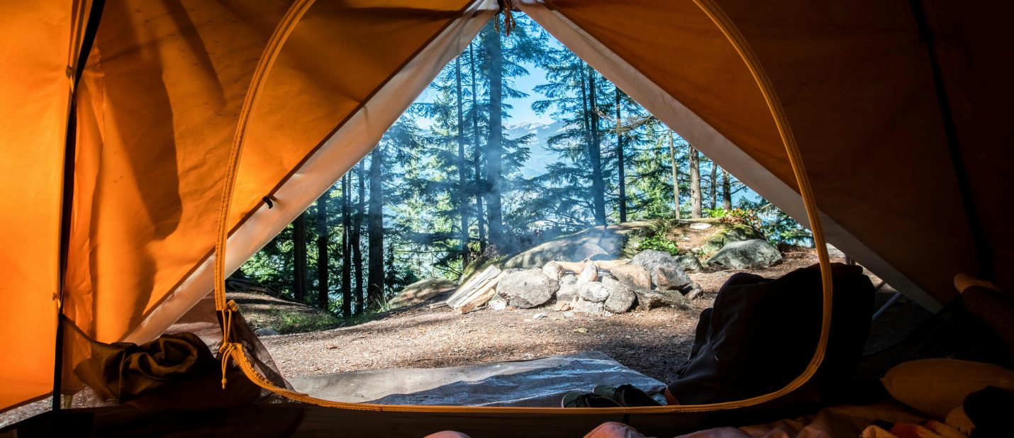 View through a tent opening while camping in the woods